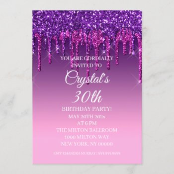 Custom Purple Glitter Drip Happy Birthday Invitation by Evented at Zazzle