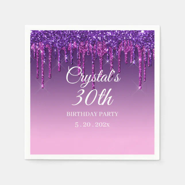 Custom Purple Glitter Drip Happy Birthday Napkins Zazzle