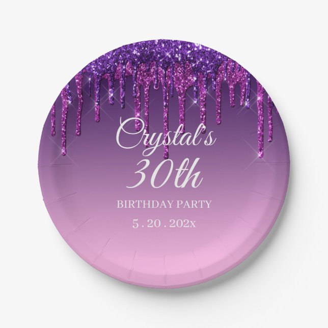 Custom Purple Glitter Drip Happy Birthday Paper Plates (Front)
