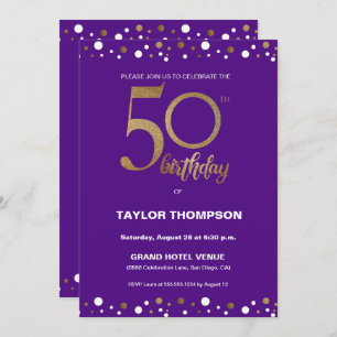 Custom Purple Gold Confetti 50th birthday party Invitation