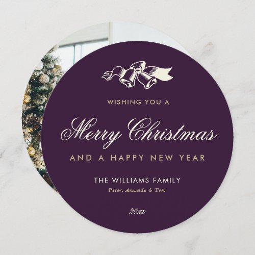 Custom Purple Gold Photo Merry Christmas Holiday Card