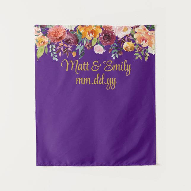 Custom Purple Gold Wedding Reception Photo Booth Tapestry (Front)