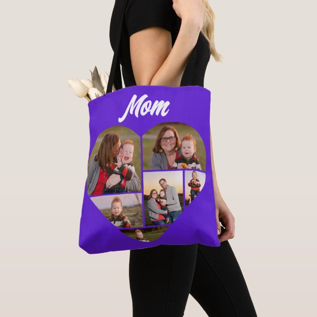 Custom Purple Heart-Shaped Family Photo Collage Tote Bag (Close Up)