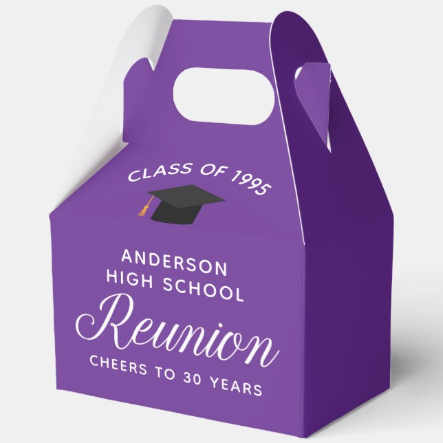 Custom Purple High School Alumni Reunion Party Favor Boxes (Front)