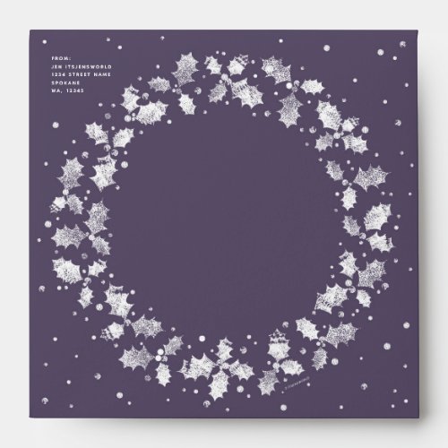 Custom Purple Holly Wreath Return Address Square Envelope