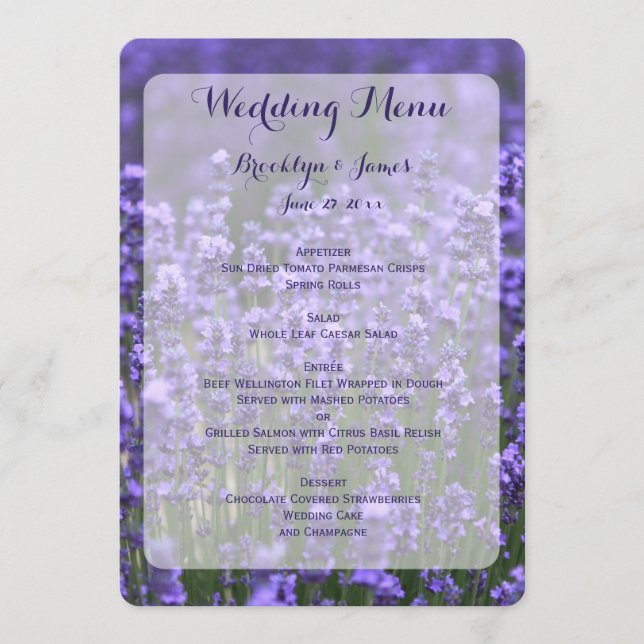 Custom Purple Lavender Wedding Menu (Front)