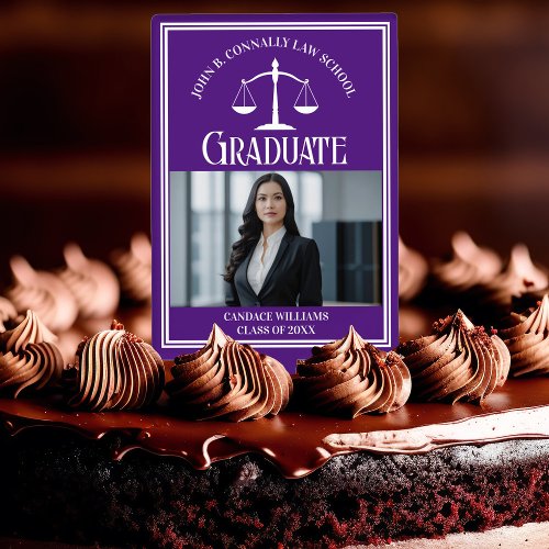 Custom Purple Law School Graduation Photo Party Cake Topper