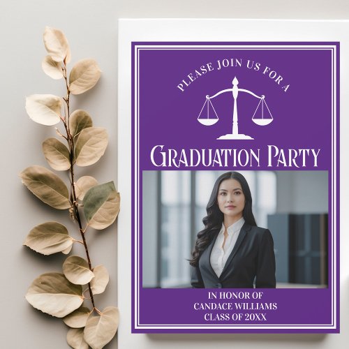 Custom Purple Law School Graduation Photo Party Invitation