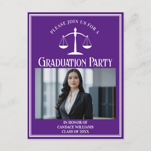 Custom Purple Law School Graduation Photo Party Invitation Postcard