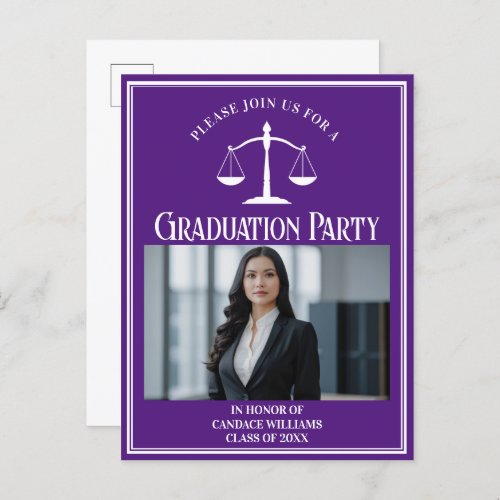 Custom Purple Law School Graduation Photo Party Invitation Postcard
