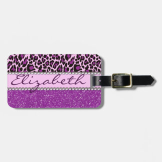 Custom Purple Leopard Print Glitter Luggage Tag