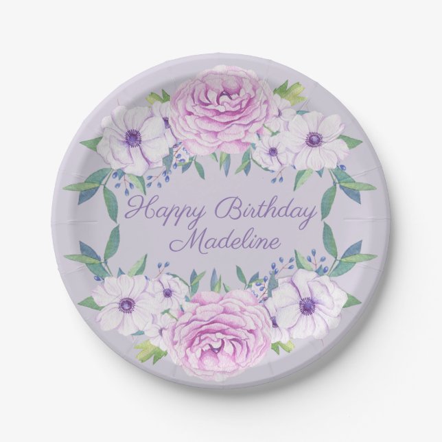 Custom Purple Lilac Floral Birthday Party Paper Plates (Front)