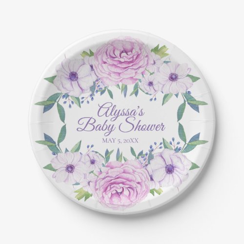 Custom Purple Lilac Floral White Baby Shower Paper Plates