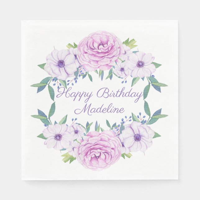 Custom Purple Lilac Lavender Floral White Birthday Napkins (Front)