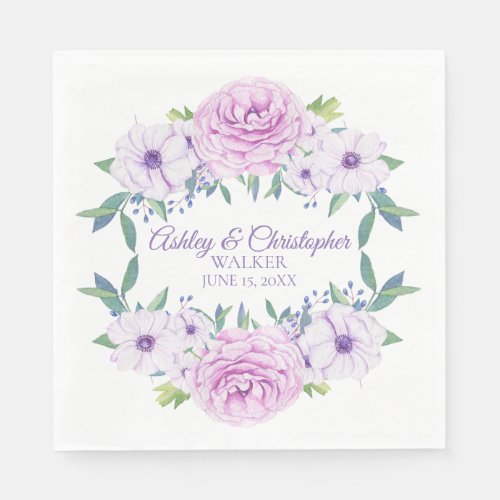 Custom Purple Lilac Lavender Floral White Wedding Napkins