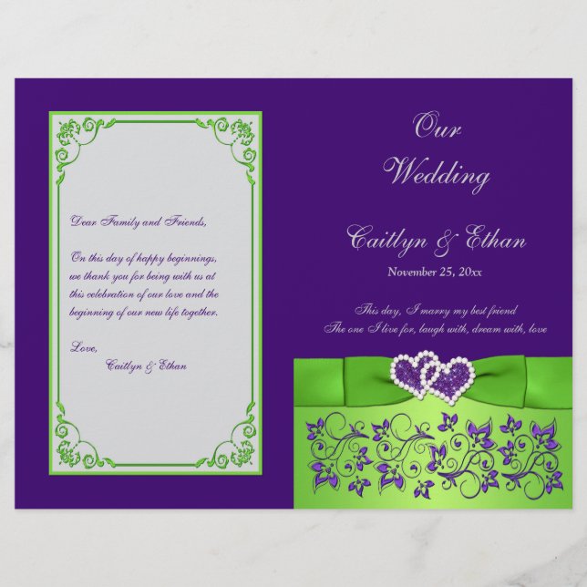 Custom Purple, Lime, Gray Wedding Program 2 (Front)