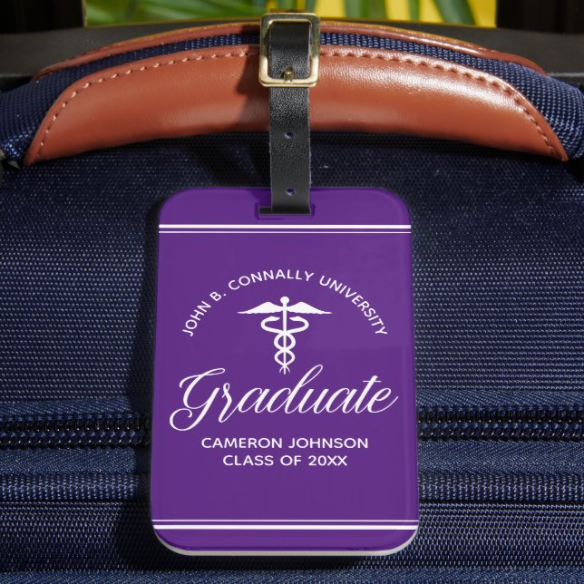 Custom Purple Medical School Graduation Luggage Tag (Front Insitu 2)