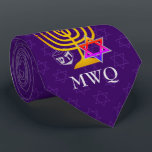 Custom Purple Monogram HANUKKAH Neck Tie<br><div class="desc">Elegant, stylish purple HANUKKAH Neck Tie, designed with faux gold menorah, colorful Star of David and silver colored dreidel plus CUSTOMIZABLE MONOGRAM and GREETING, so you can add your initials and create your own greeting. There is a subtle tiled pattern of the Star of David in the background. Similar versions...</div>