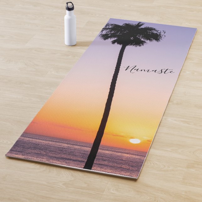Custom Purple & Orange Beach Sunset Palm Tree Yoga Mat (In Situ)