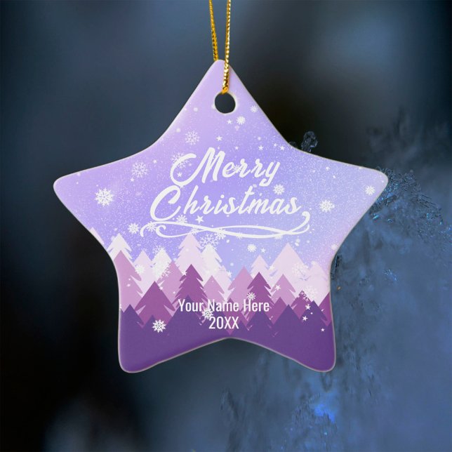 Custom Purple Peaceful Snow Forest Merry Christmas Ceramic Ornament (Creator Uploaded)