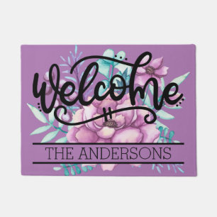 Custom Purple Peonies Floral Welcome Doormat