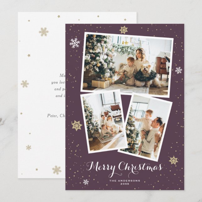 Custom Purple Photo Collage Merry Christmas Cards (Front/Back)