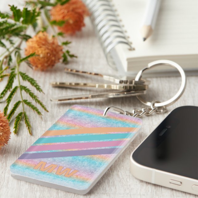 Custom Purple Pink Aqua Orange Retro Stripes Keychain (Front Right)