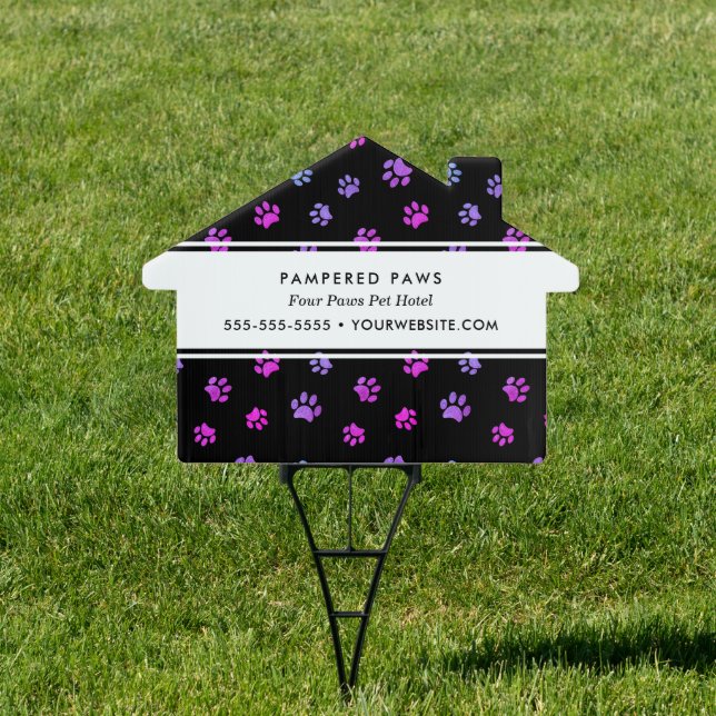 Custom Purple Pink Blue Paw Prints Pet Hotel Sign (Insitu)