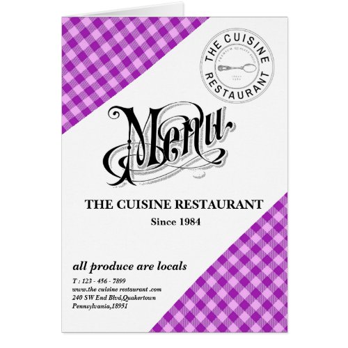 Custom Purple Plaid Restaurant Menu Card
