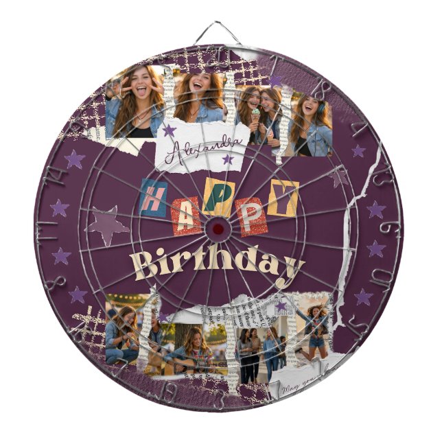 Custom Purple Scrapbook Birthday Photo Collage Dart Board (Front)