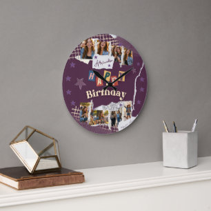 Custom Purple Scrapbook Birthday Photo Collage Large Clock