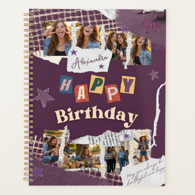 Custom Purple Scrapbook Birthday Photo Collage Planner (Front)