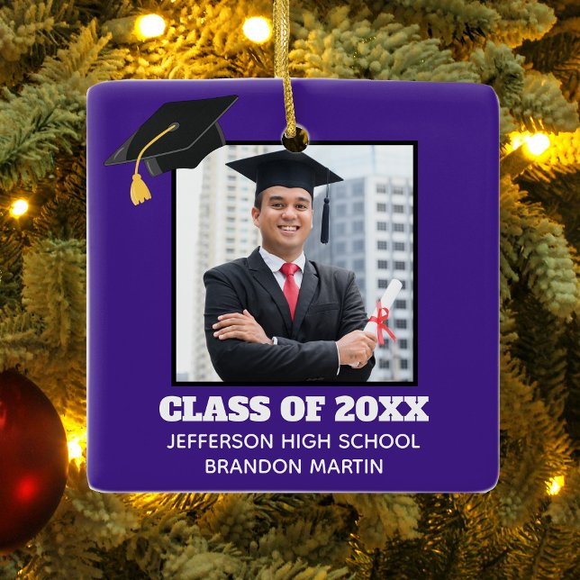 Custom Purple Senior Graduation Photo 2024 Ceramic Ornament (Creator Uploaded)