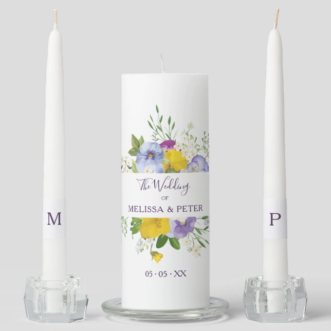 Custom Purple Shades Bouquet Wedding Unity Candle Set (Front)