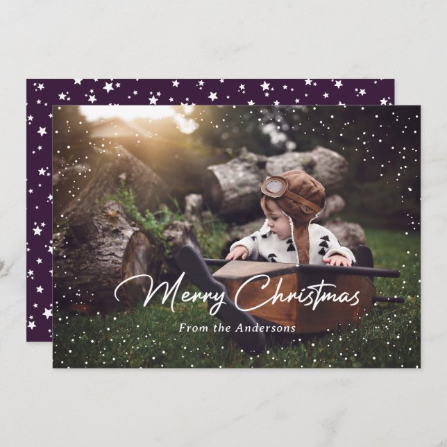 Custom Purple Snow Stars Photo Christmas Cards (Front/Back)