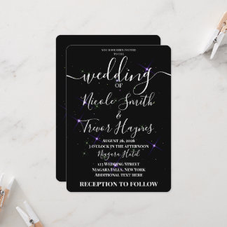 Custom Purple Stars Black Wedding Invitation