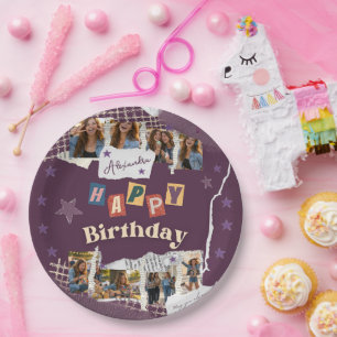 Custom Purple Sweet 16 Photo Collage Paper Plates