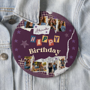 Custom Purple Teen Girl Birthday Photo Collage  Button
