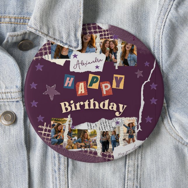 Custom Purple Teen Girl Birthday Photo Collage  Button (In Situ)