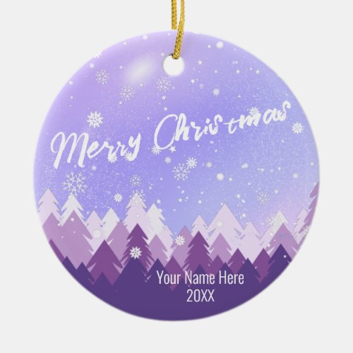 Custom Purple Tone Snow  Forest Merry Christmas  Ceramic Ornament