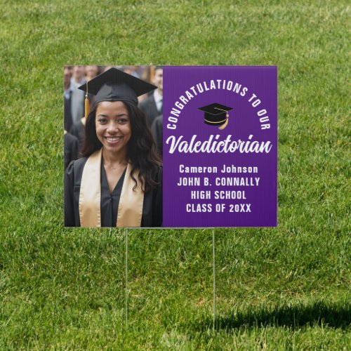 Custom Purple Valedictorian Photo Graduation Yard Sign