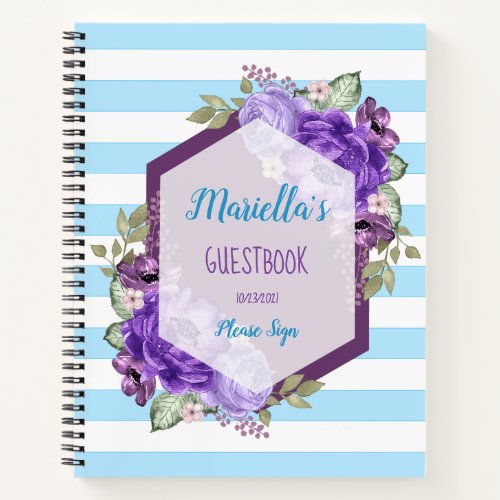 Custom Purple Watercolor Flowers Guestbook Notebook