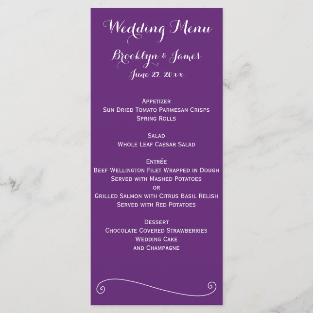 Custom Purple Wedding Menu Cards (Front)