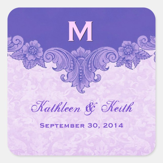 Custom Purple Wedding Names Date S431 Square Sticker (Front)
