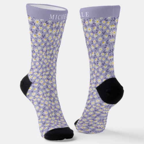 Custom Purple White Flowers Violet Floral Pattern Socks