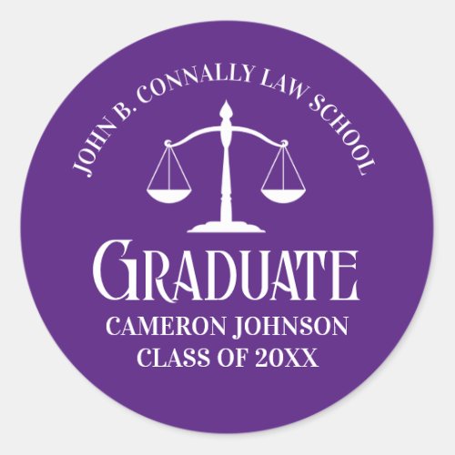 Custom Purple White Law School Graduation Party Classic Round Sticker