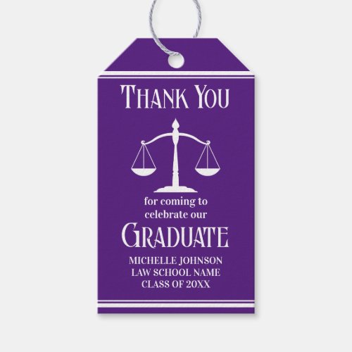 Custom Purple White Law School Graduation Party Gift Tags