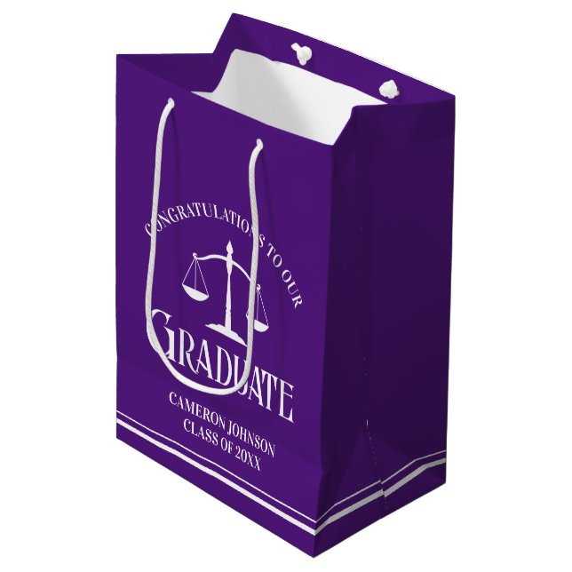 Custom Purple White Law School Graduation Party Medium Gift Bag (Front Angled)
