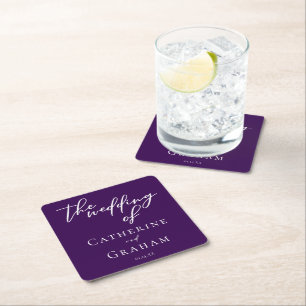 Custom Purple White Typography Wedding Square Paper Coaster