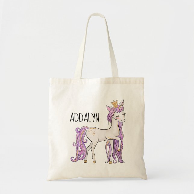 Custom Purple White Unicorn Tiara Tote Bag (Front)